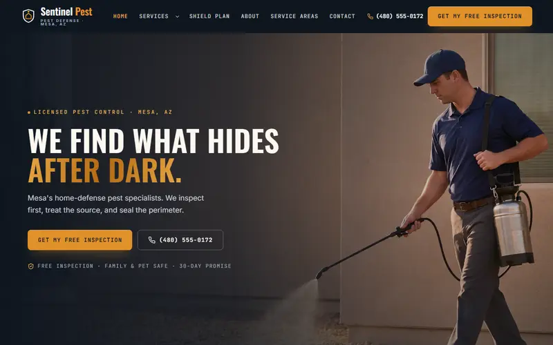 Sentinel Pest Defense pest control demo website on a desktop screen - home page, first screen