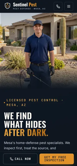 Sentinel Pest Defense pest control demo website on a phone screen - home page, first screen