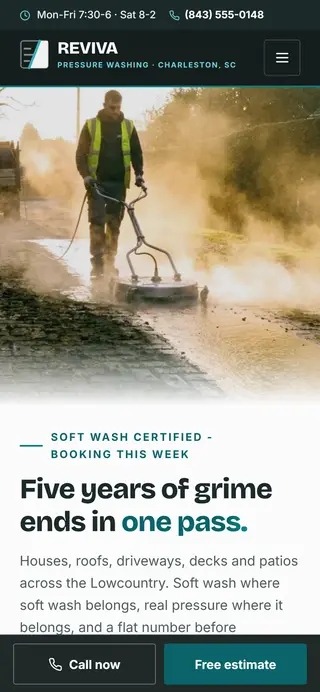 Reviva Exterior Cleaning pressure washing demo website on a phone screen - home page, first screen