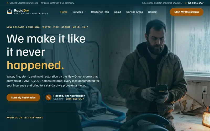 RapidDry Restoration restoration company demo website on a desktop screen - home page, first screen