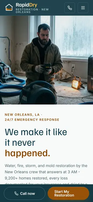RapidDry Restoration restoration company demo website on a phone screen - home page, first screen