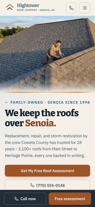 Hightower Roof Company roofing demo website on a phone screen - home page, first screen