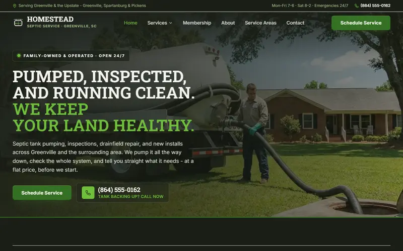Homestead Septic Co. septic company demo website on a desktop screen - home page, first screen