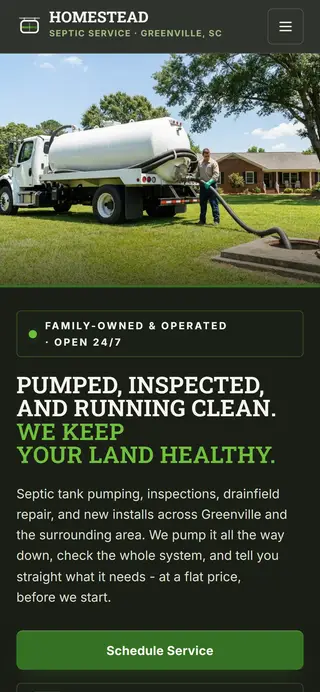 Homestead Septic Co. septic company demo website on a phone screen - home page, first screen