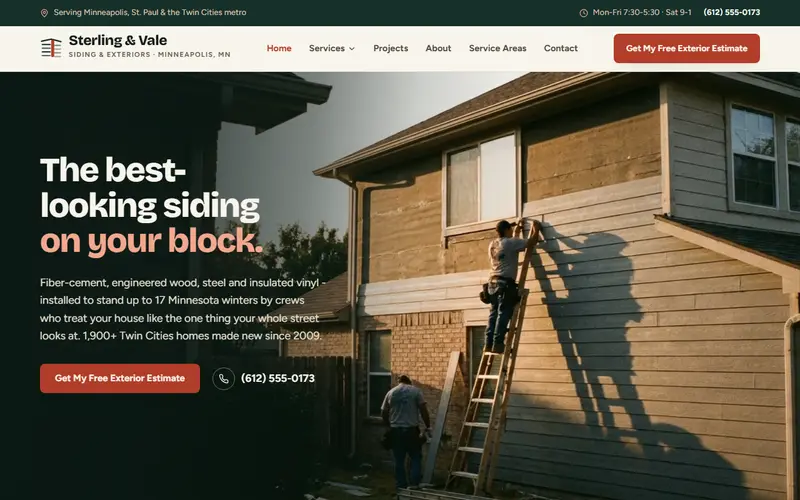Sterling & Vale Exteriors siding demo website on a desktop screen - home page, first screen