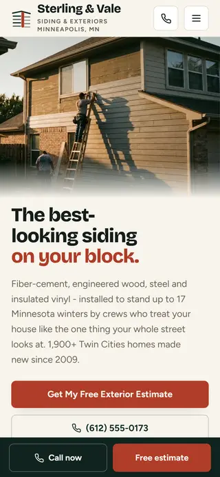 Sterling & Vale Exteriors siding demo website on a phone screen - home page, first screen
