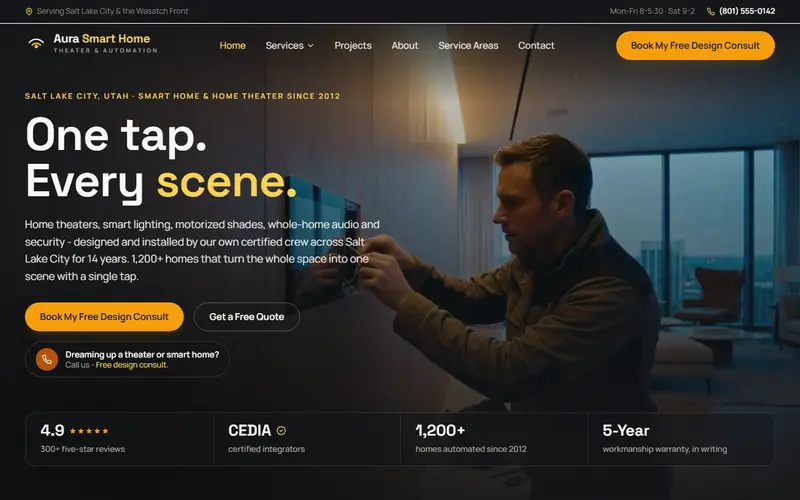 Aura Smart Home smart home demo website on a desktop screen - home page, first screen