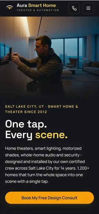 Aura Smart Home smart home demo website on a phone screen - home page, first screen