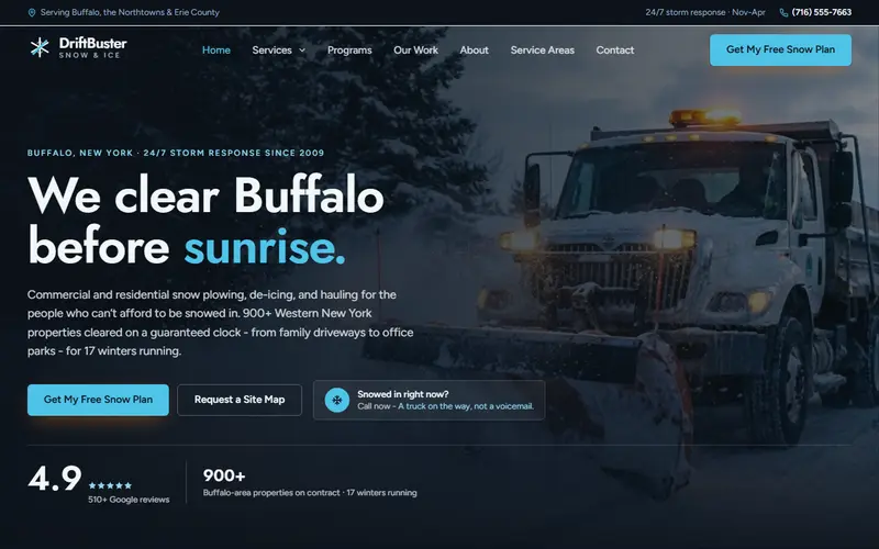 DriftBuster Snow & Ice snow removal demo website on a desktop screen - home page, first screen