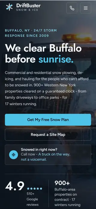 DriftBuster Snow & Ice snow removal demo website on a phone screen - home page, first screen