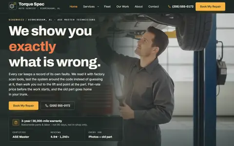 Auto Repair & Mechanic website example - Torque Spec Auto Service demo site, home page