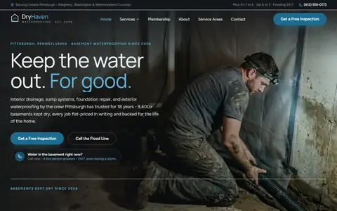 Basement Waterproofing website example - DryHaven Waterproofing demo site, home page