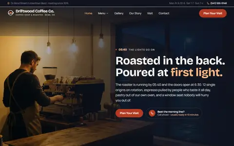 Coffee Shop website example - Driftwood Coffee Co. demo site, home page