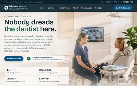 Dental Practice website example - Brightwork Family Dental demo site, home page