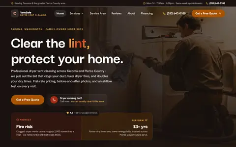 Dryer Vent Cleaning website example - VentSafe Dryer Vent Cleaning demo site, home page