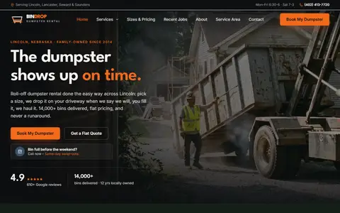 Dumpster Rental website example - BinDrop Dumpster Rental demo site, home page