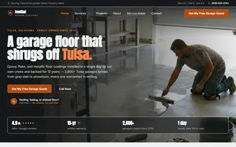 Epoxy & Garage Floor Coating website example - IronClad Garage Coatings demo site, home page
