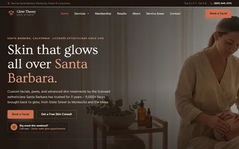 Skincare & Facials website example - Glow Theory Skin Studio demo site, home page