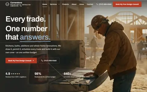 General Contractor / Home Remodeling website example - Cornerstone Build & Remodel demo site, home page
