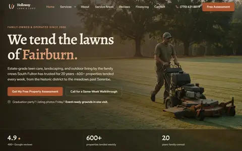 Lawn Care website example - Holloway Lawn & Land demo site, home page