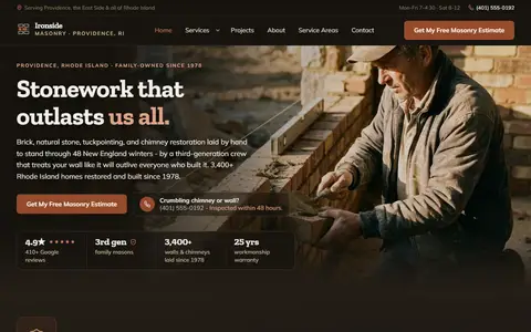 Masonry (Brick & Stone) website example - Ironside Masonry Co. demo site, home page