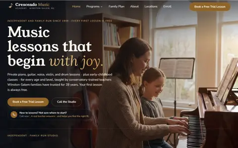 Music Lessons website example - Crescendo Music Academy demo site, home page