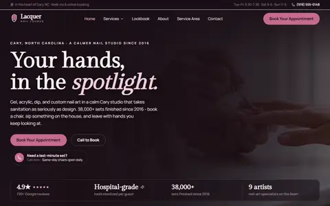 Nail Salon website example - Lacquer Nail Lounge demo site, home page