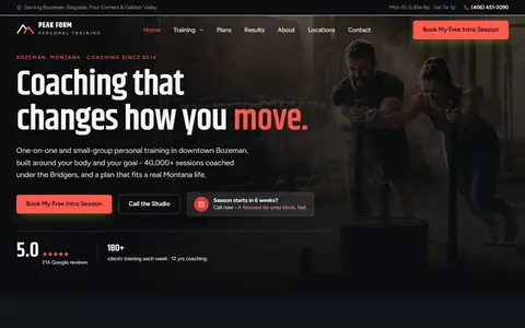 Personal Training website example - Peak Form Personal Training demo site, home page