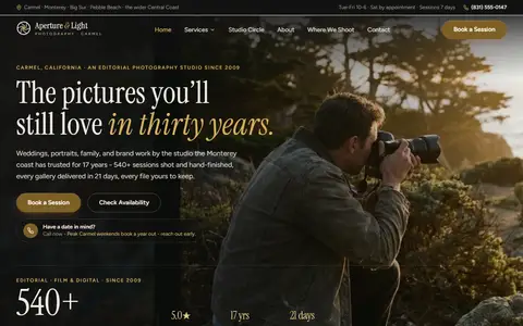 Photography Studio website example - Aperture & Light Photography demo site, home page