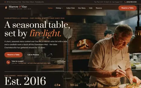 Restaurant website example - Marrow & Vine demo site, home page