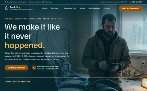 Water & Fire Damage Restoration website example - RapidDry Restoration demo site, home page