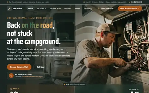 RV Repair & Service website example - Open Road RV Service demo site, home page