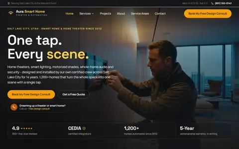 Smart Home & Home Theater website example - Aura Smart Home demo site, home page