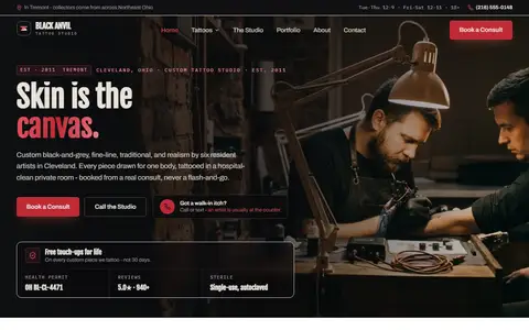 Tattoo Studio website example - Black Anvil Tattoo demo site, home page