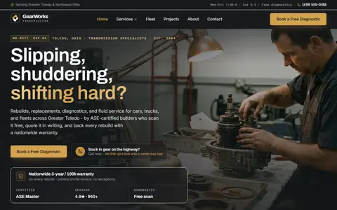 Transmission Repair website example - GearWorks Transmission demo site, home page