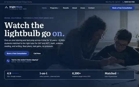 Tutoring website example - Bright Minds Tutoring demo site, home page