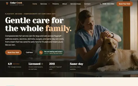 Veterinary Clinic website example - Cedar Creek Veterinary Clinic demo site, home page