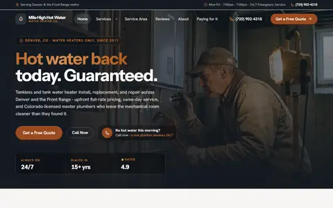 Water Heater Services website example - Mile High Hot Water Co. demo site, home page