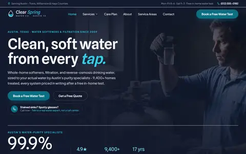 Water Treatment & Water Softeners website example - Clear Spring Water Co. demo site, home page