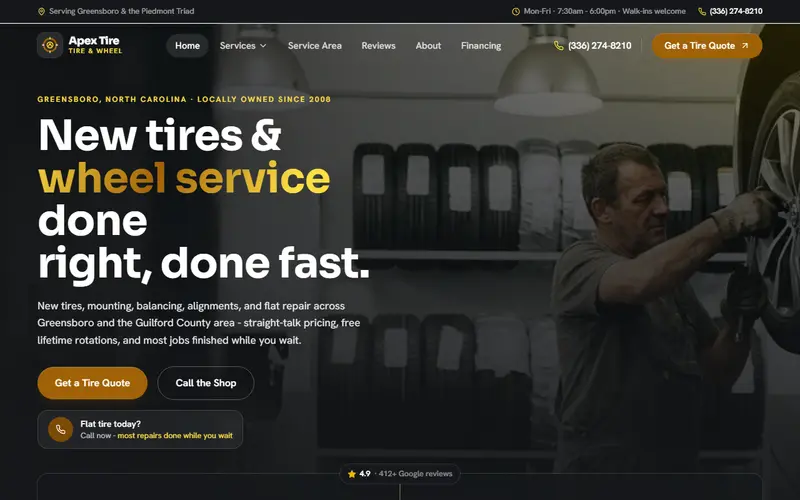Apex Tire & Wheel tire shop demo website on a desktop screen - home page, first screen