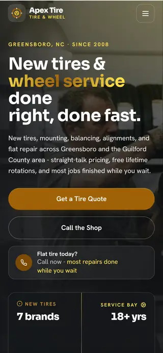 Apex Tire & Wheel tire shop demo website on a phone screen - home page, first screen