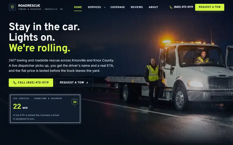RoadRescue Towing towing demo website on a desktop screen - home page, first screen