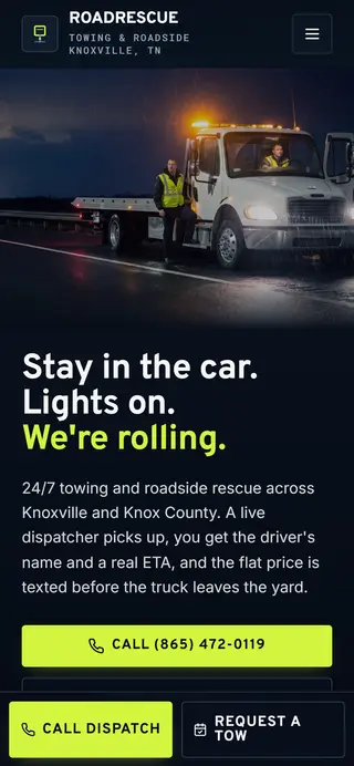 RoadRescue Towing towing demo website on a phone screen - home page, first screen
