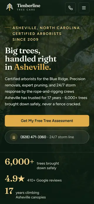 Timberline Tree Care tree service demo website on a phone screen - home page, first screen