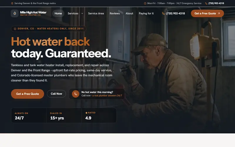 Mile High Hot Water Co. water heater demo website on a desktop screen - home page, first screen