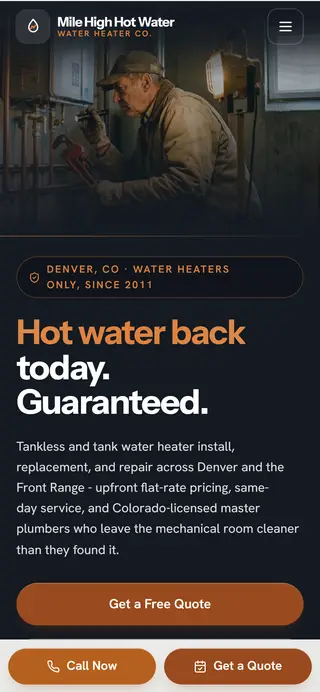 Mile High Hot Water Co. water heater demo website on a phone screen - home page, first screen