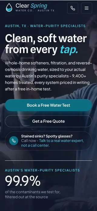 Clear Spring Water Co. water treatment demo website on a phone screen - home page, first screen
