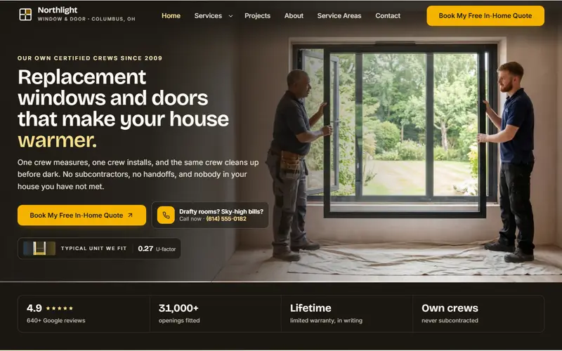 Northlight Window & Door window and door demo website on a desktop screen - home page, first screen