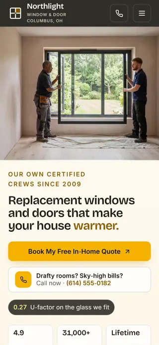 Northlight Window & Door window and door demo website on a phone screen - home page, first screen