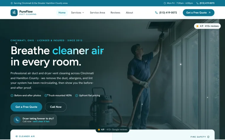 Air Duct & Dryer Vent Cleaning website example - PureFlow Duct Cleaning home page